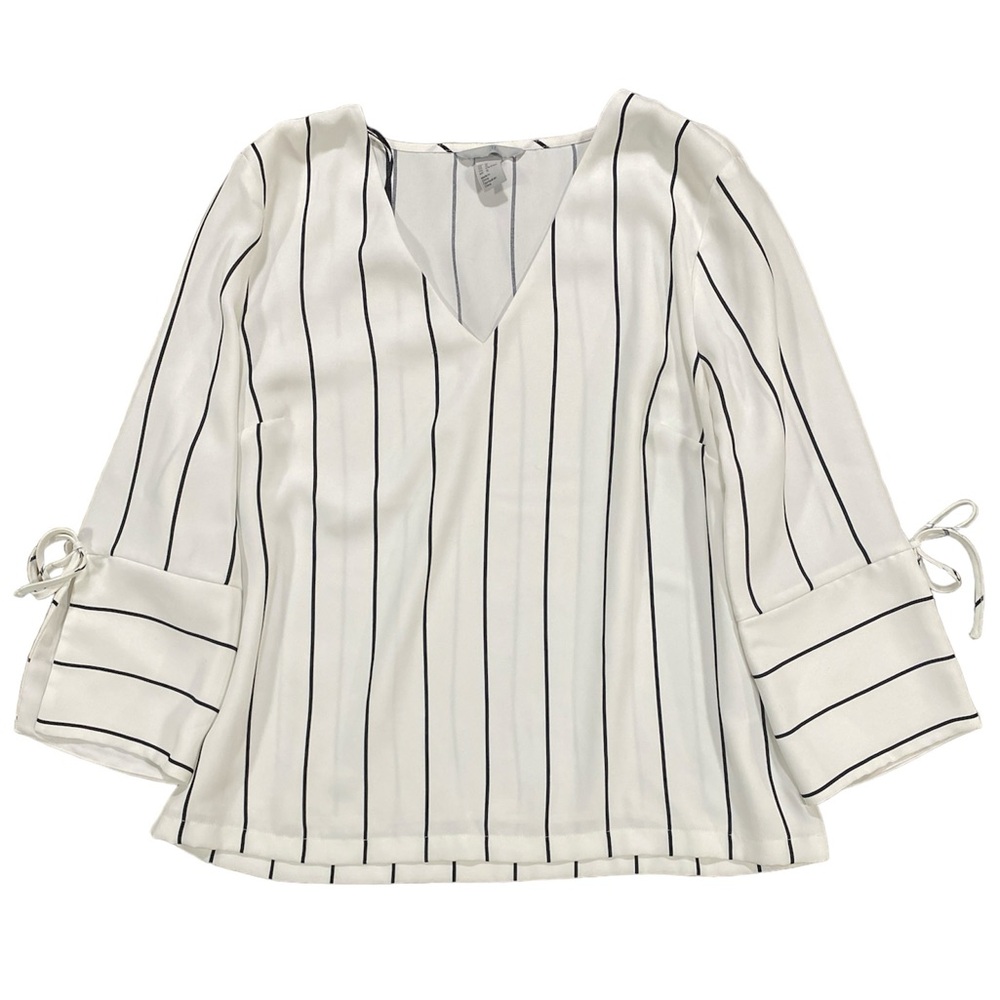 H&M White with Black Stripes and Bow Tie Sleeves V-Neck Blouse Size 12